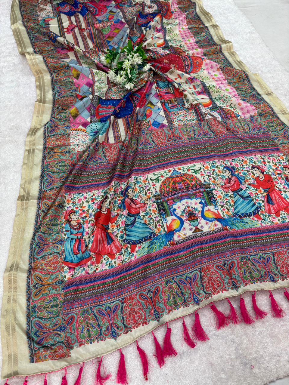 Munga silk saree with kalamkari printed work and zari border