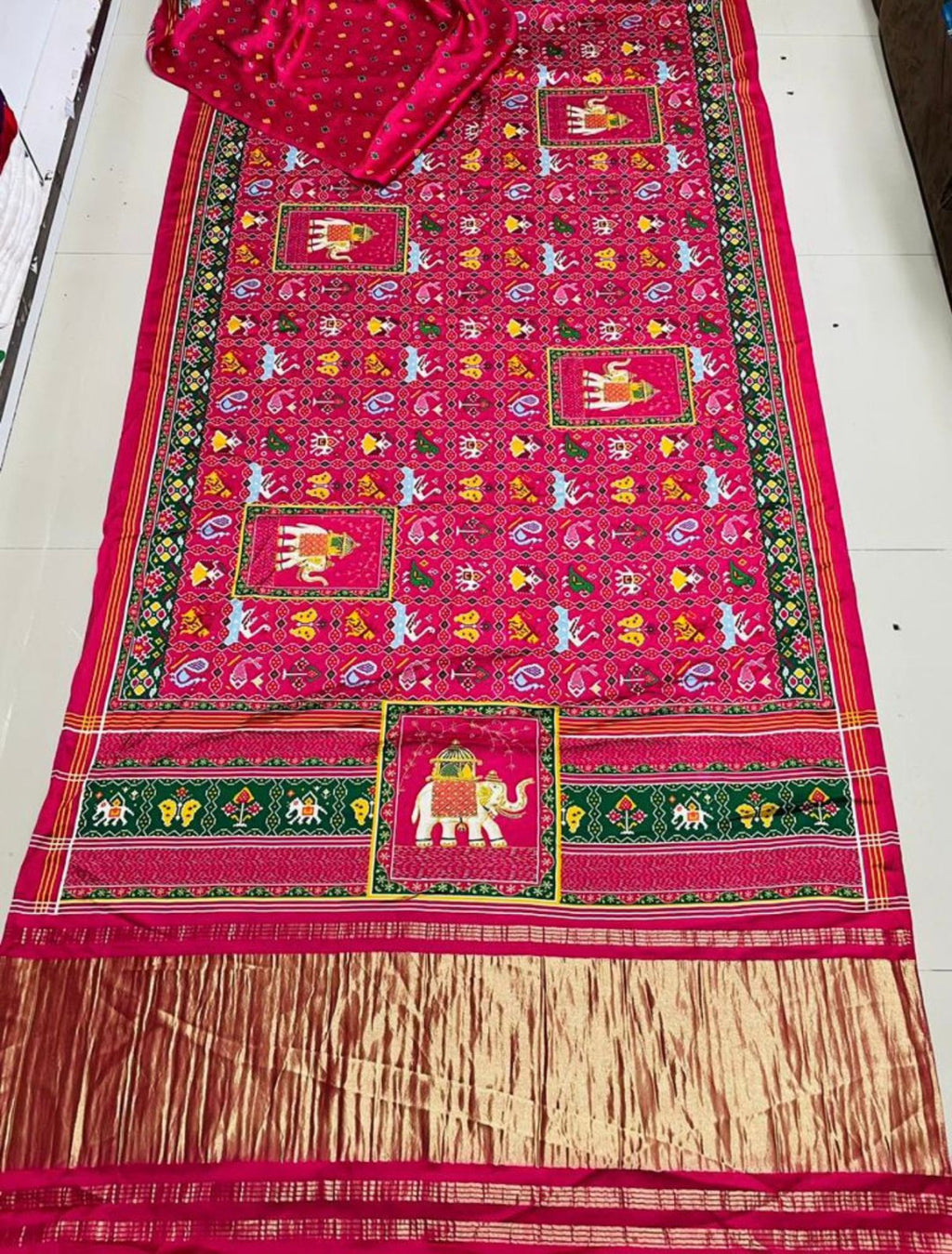 Multi color pure gajji silk saree with bandhej print and lagadi pallu work