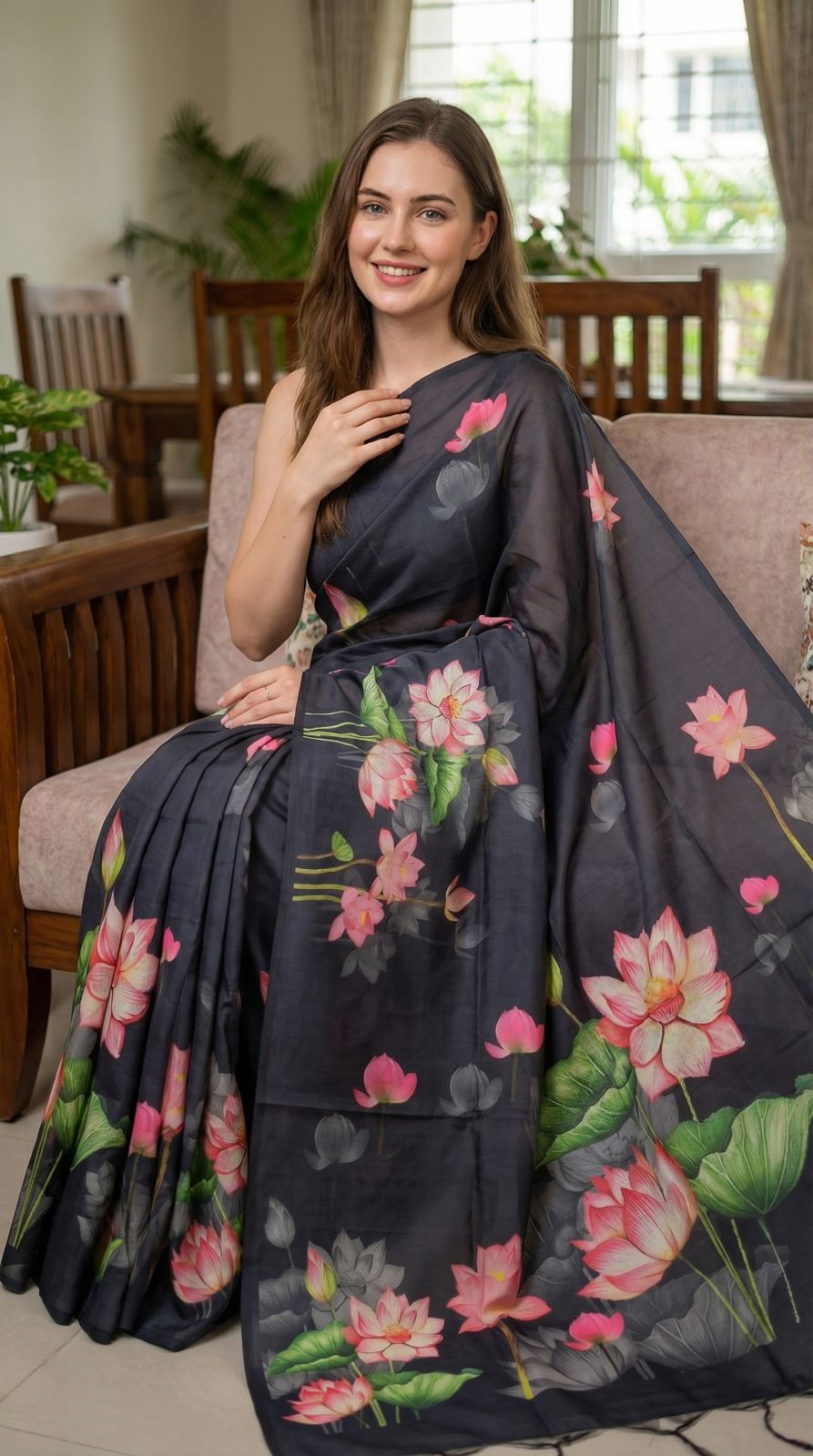 Black color soft tussar silk saree with lotus floral printed work