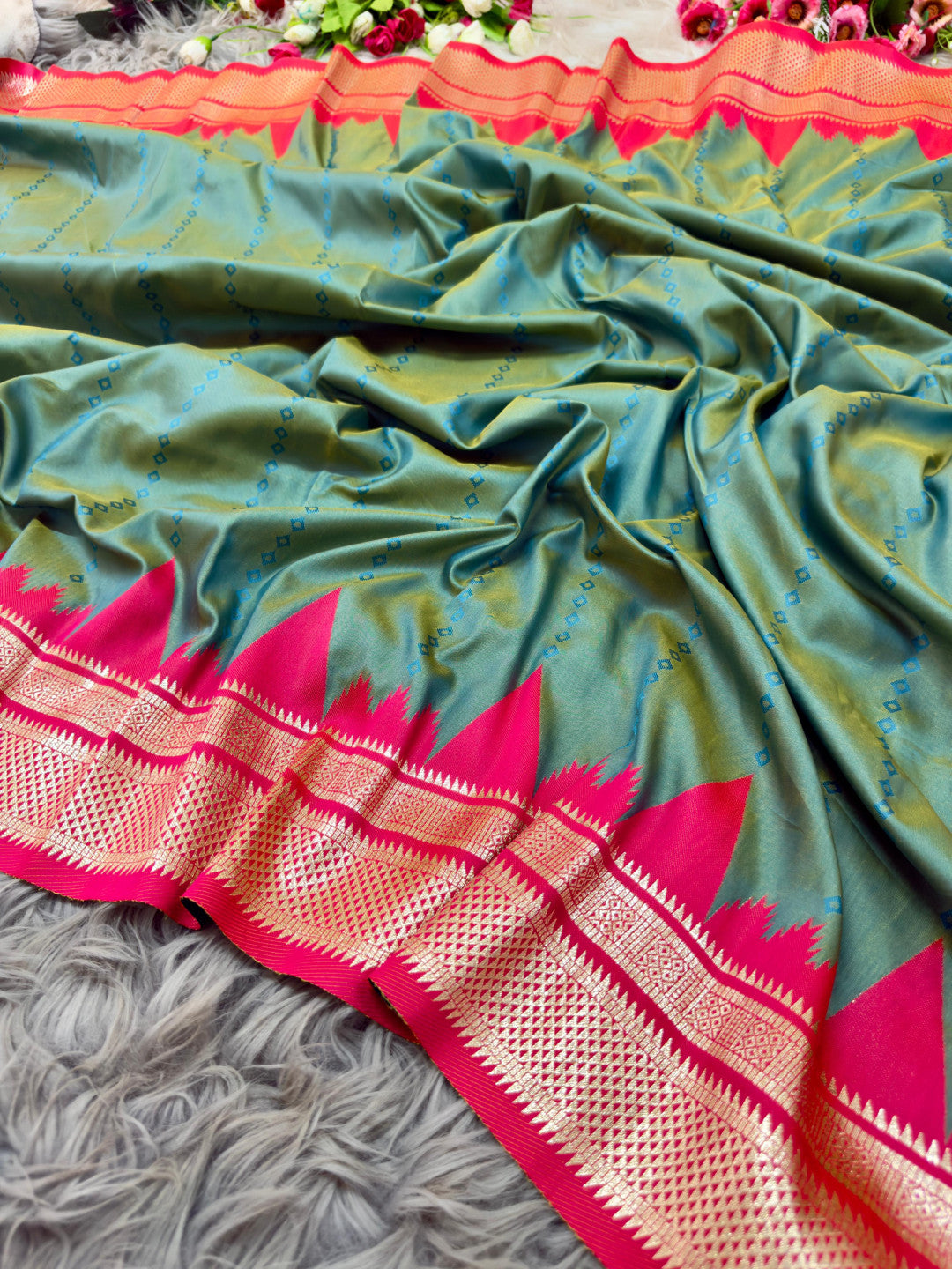 Ikkat temple border banarasi silk saree with zari weaving work
