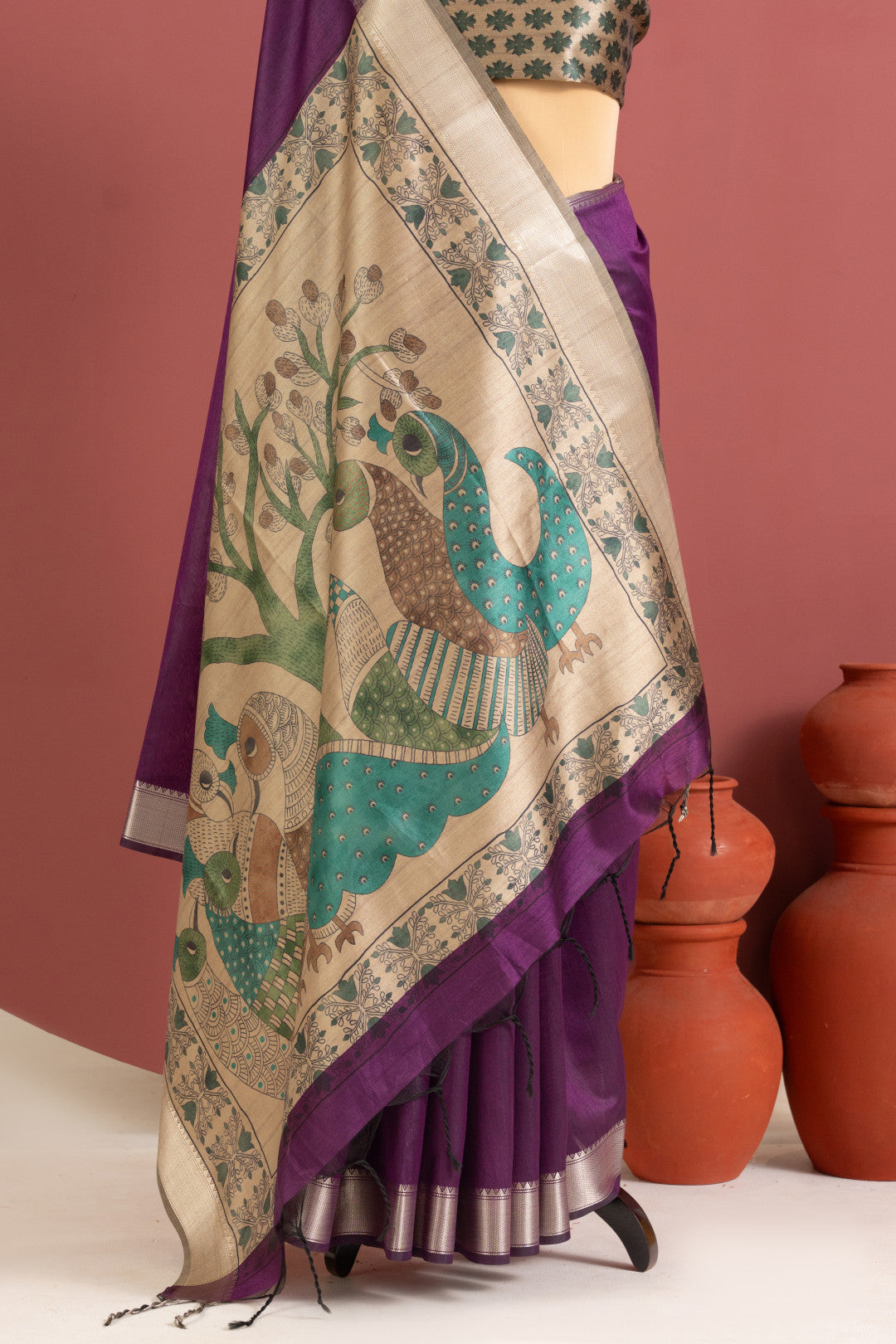 Khadi raw silk saree with kalamkari printed work