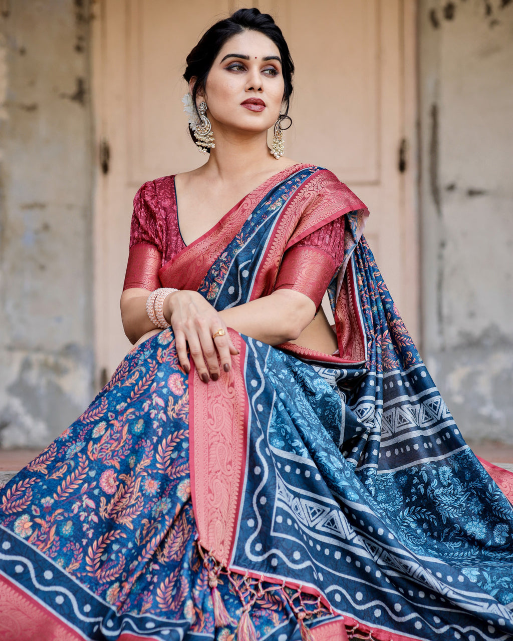 Digital Kalamkari printed tussar silk saree with zari motif border
