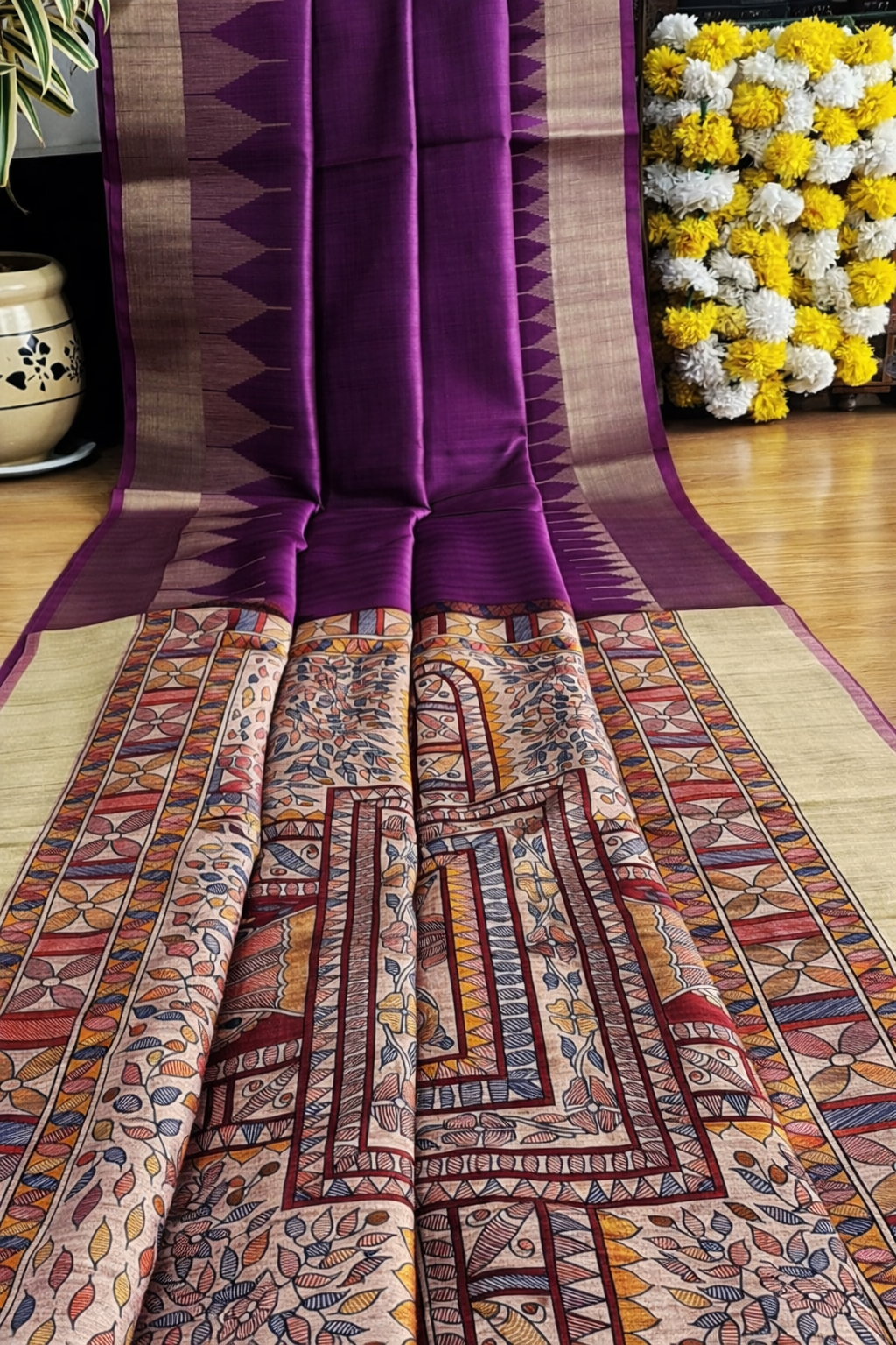 Traditional madhubani printed soft tussar silk saree