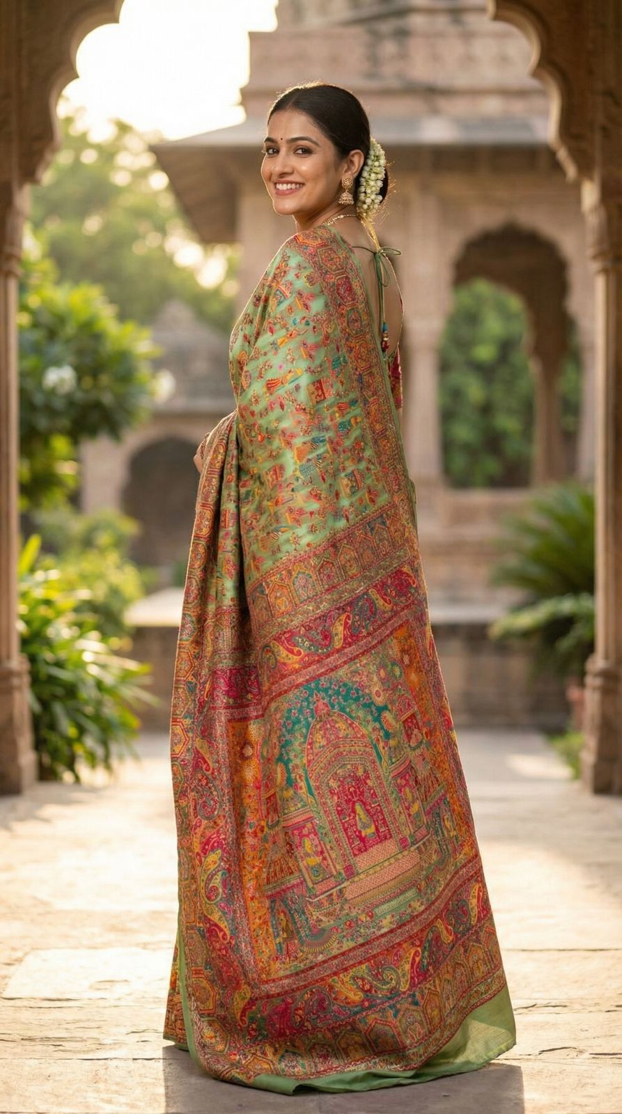 Traditional pashmina silk saree with woven design