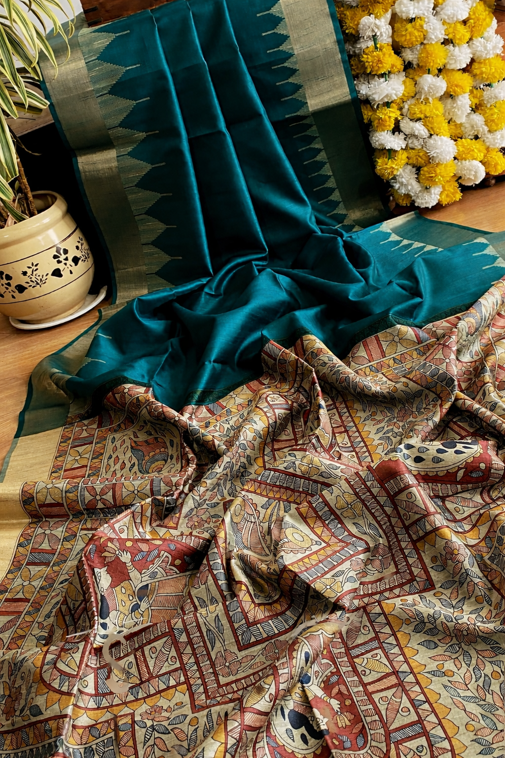 Traditional madhubani printed soft tussar silk saree