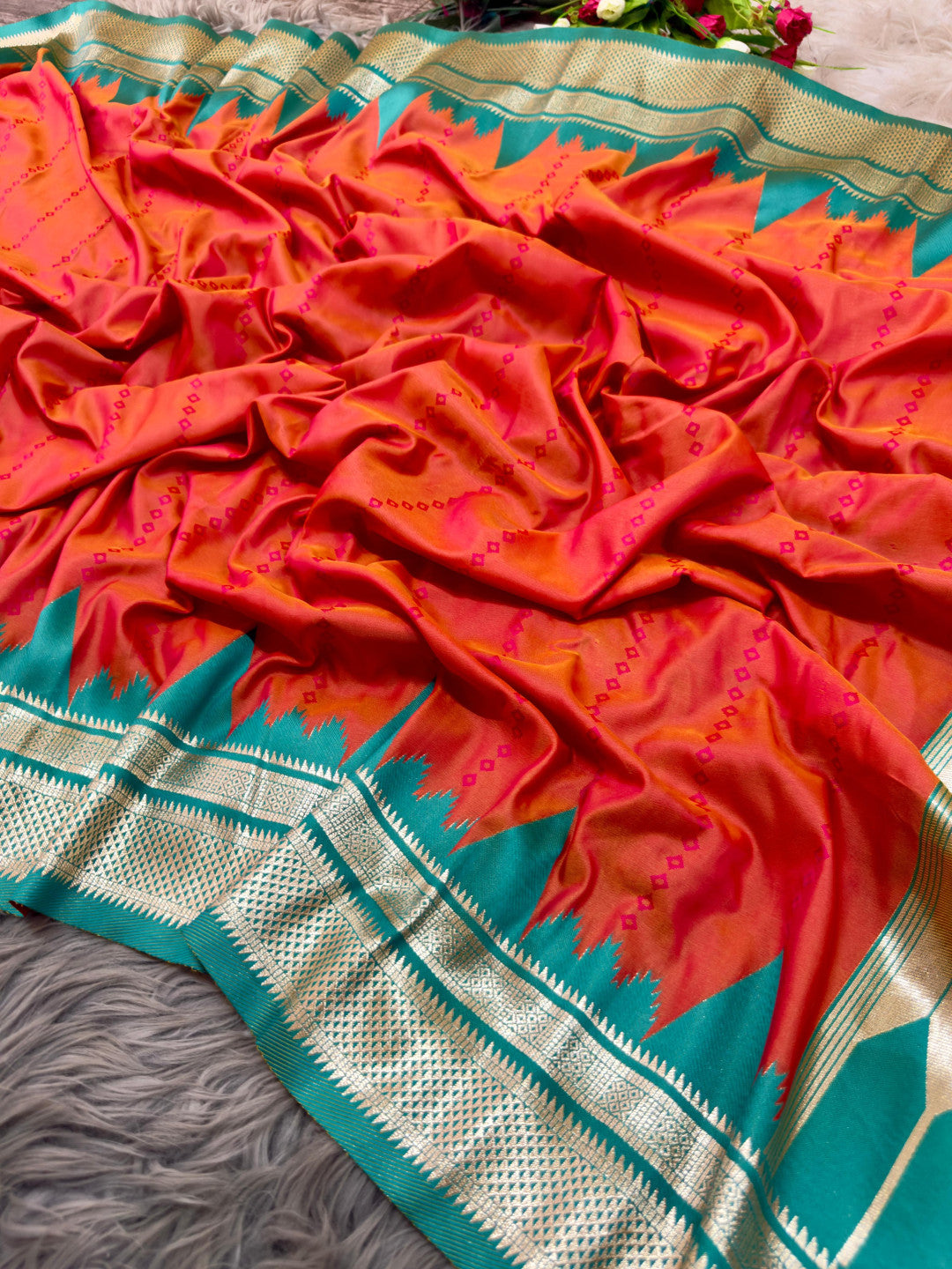 Ikkat temple border banarasi silk saree with zari weaving work