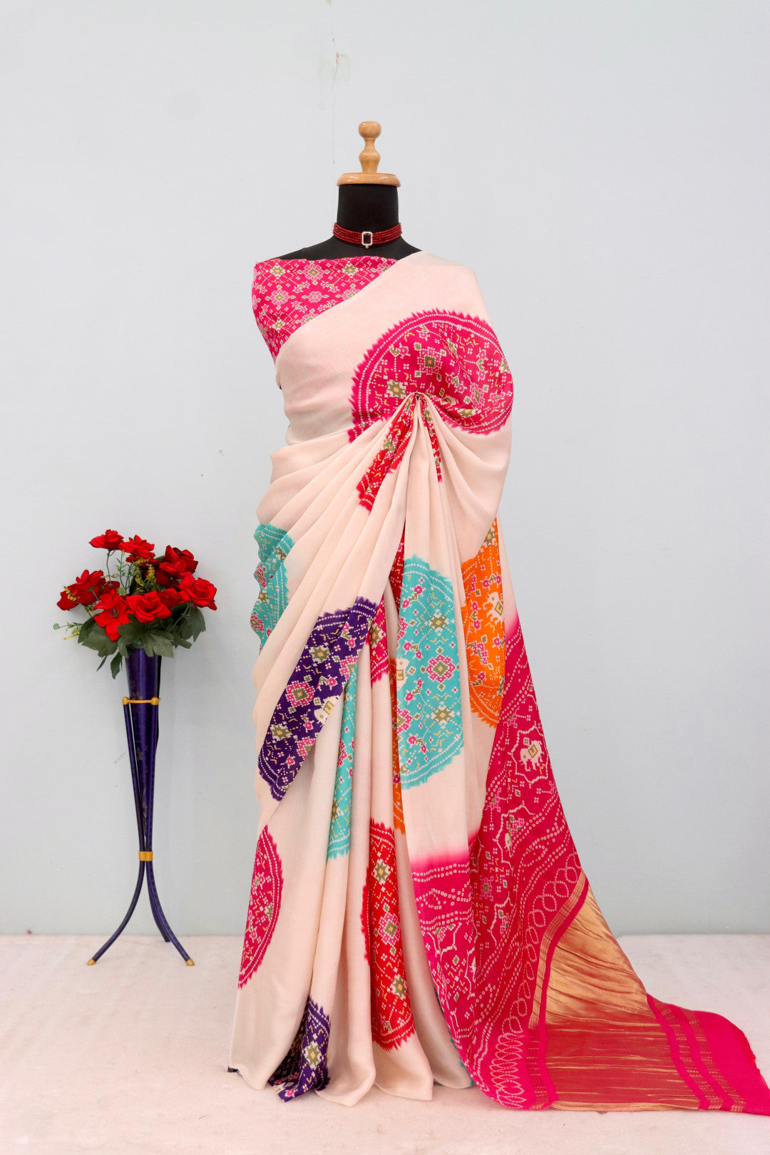 Multi color pure gajji silk saree with bandhej print and lagadi pallu work
