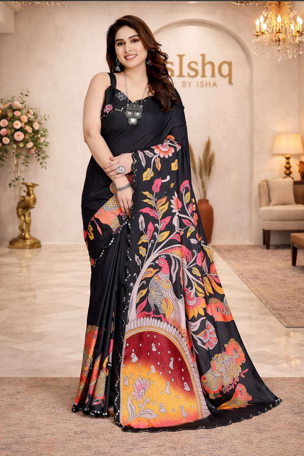 Manipuram silk saree with kalamkari digital printed work