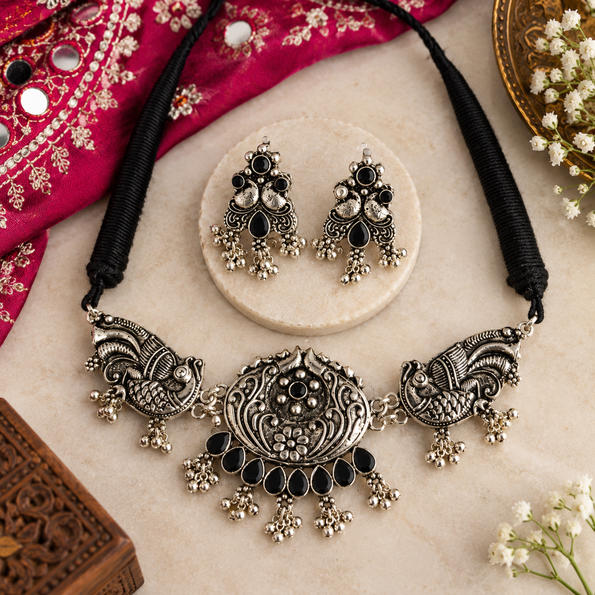 Oxidized Silver Peacock Necklace & Earrings Jewelry Set