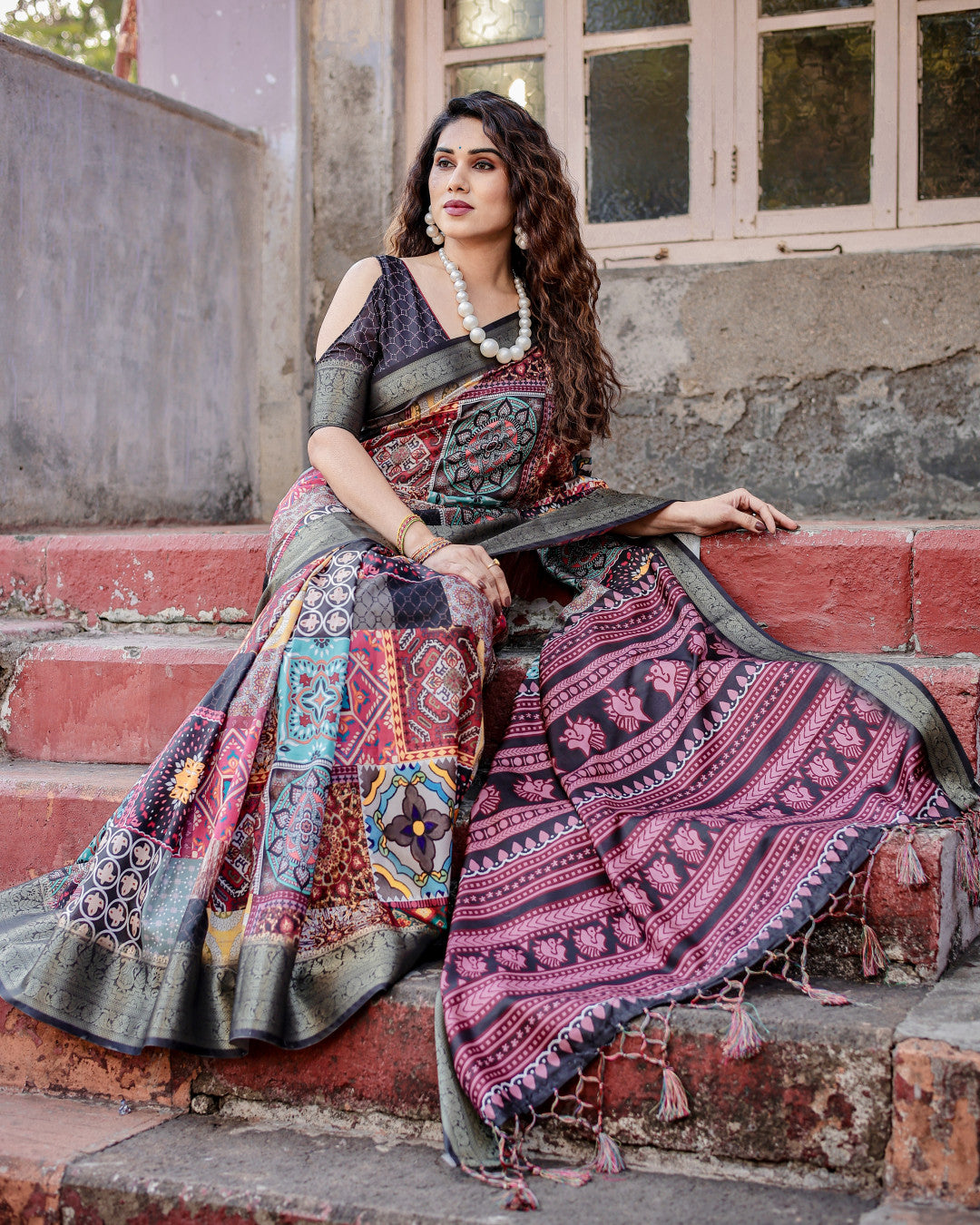 Digital Kalamkari printed tussar silk saree with zari motif border