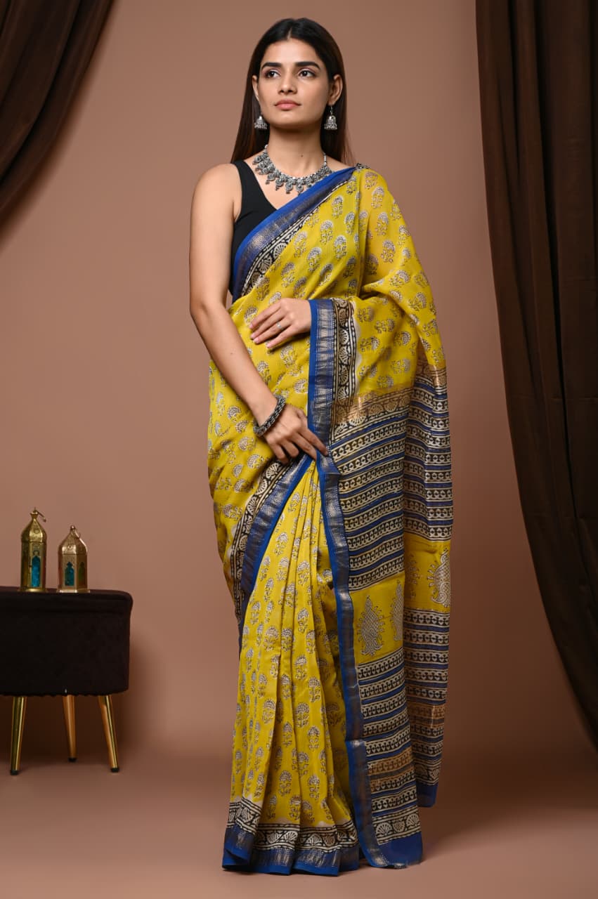 Multi color pure maheswari silk saree with pure hand block printed work