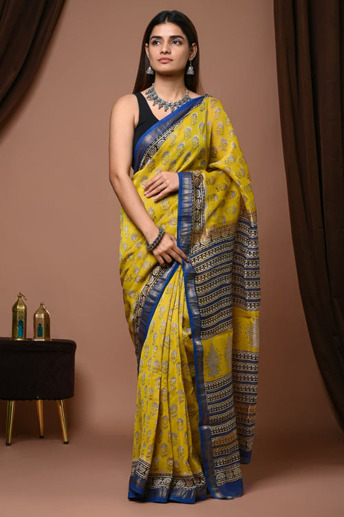 Multi color pure maheswari silk saree with pure hand block printed work