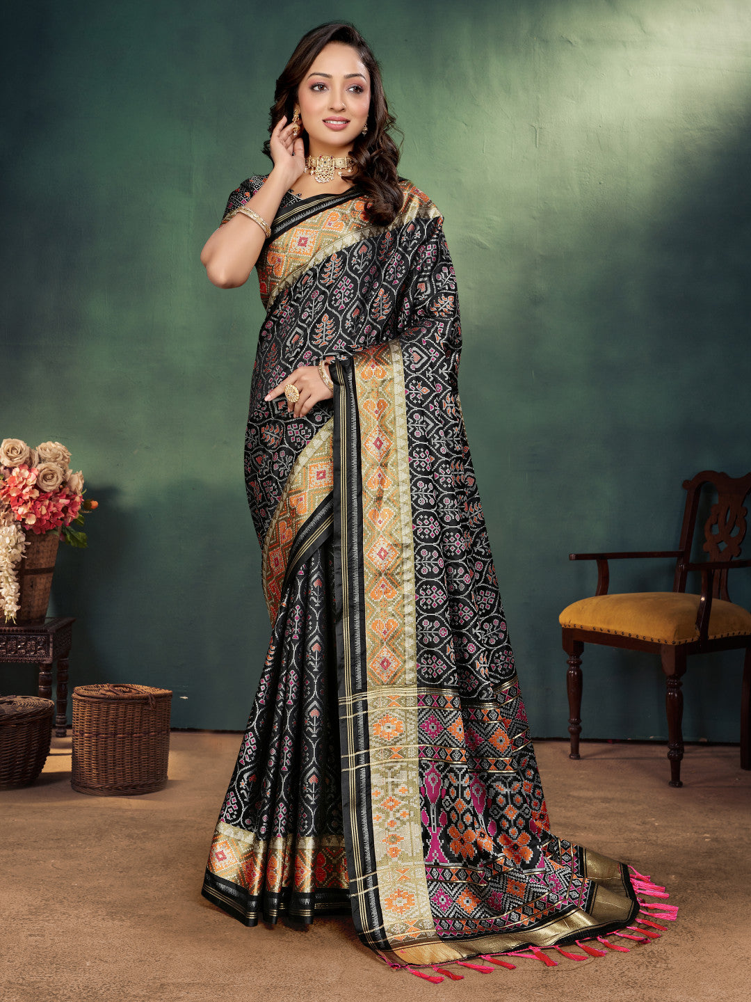 Ikkat patola silk saree with zari weaving work