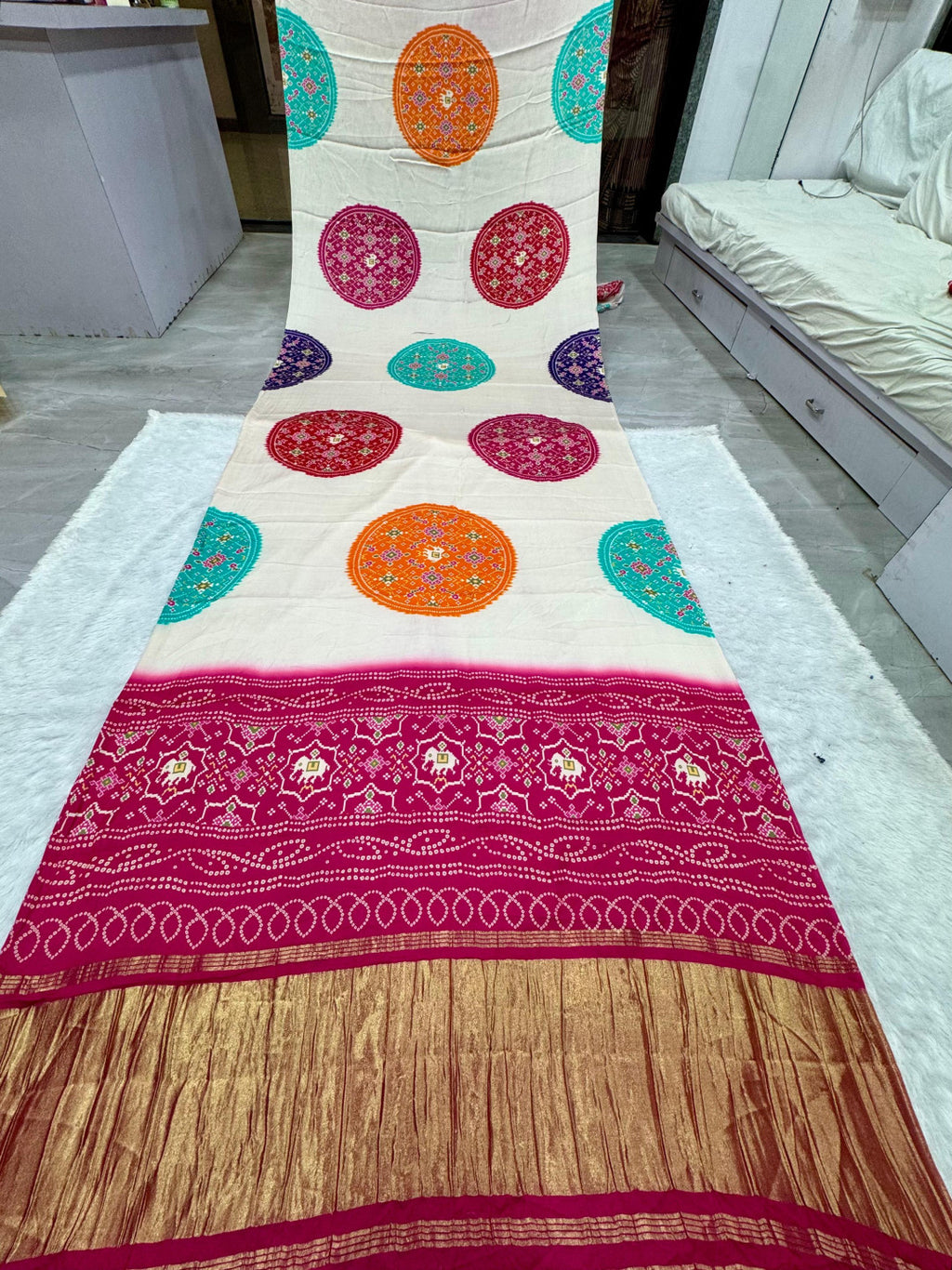 Multi color pure gajji silk saree with bandhej print and lagadi pallu work