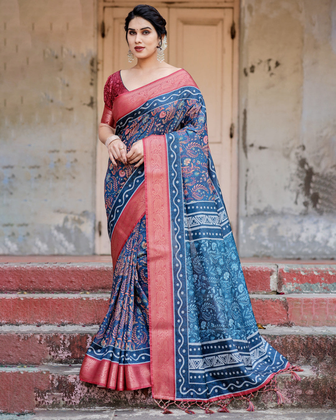 Digital Kalamkari printed tussar silk saree with zari motif border