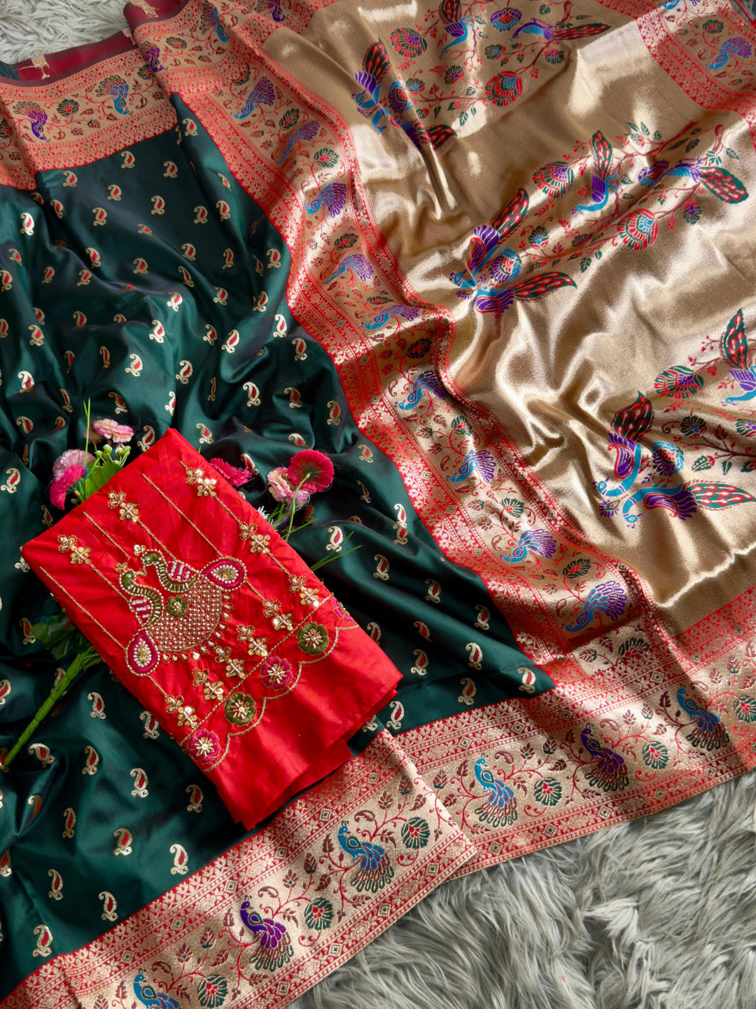 Premium paithani silk saree with handwork aari work blouse