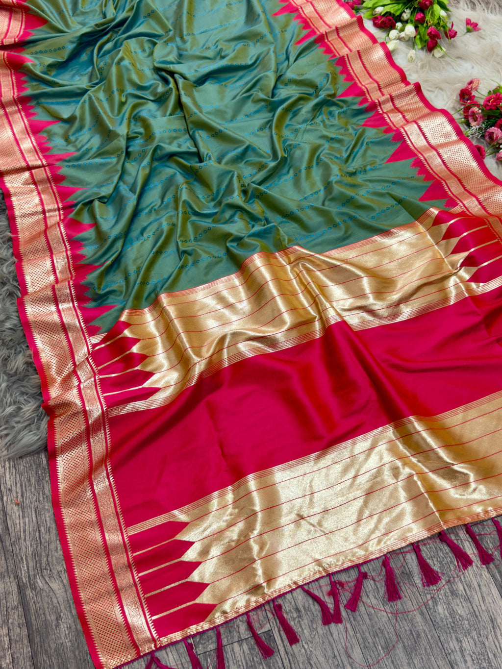 Ikkat temple border banarasi silk saree with zari weaving work