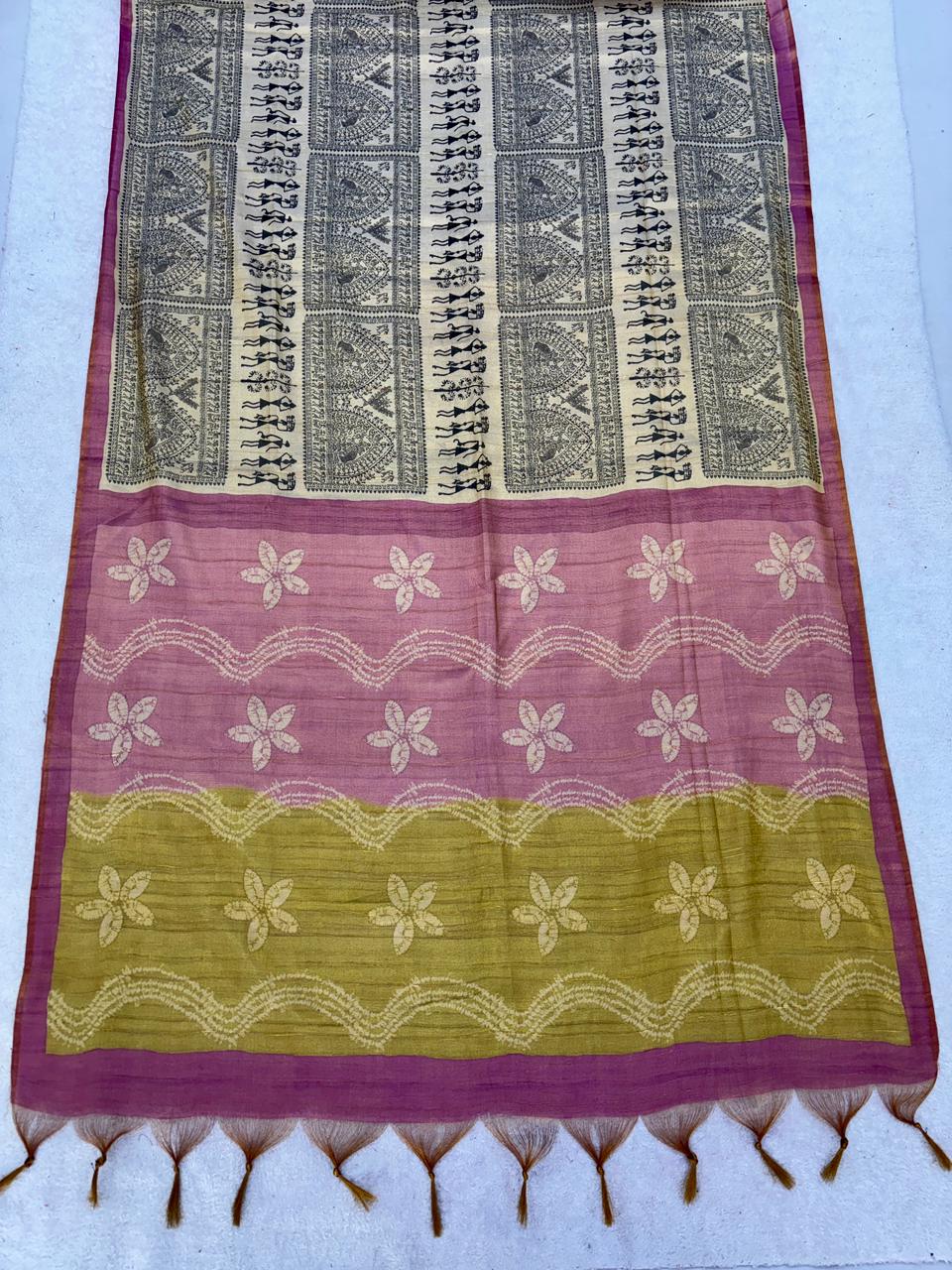 Soft tissue tussar silk saree with warli printed work
