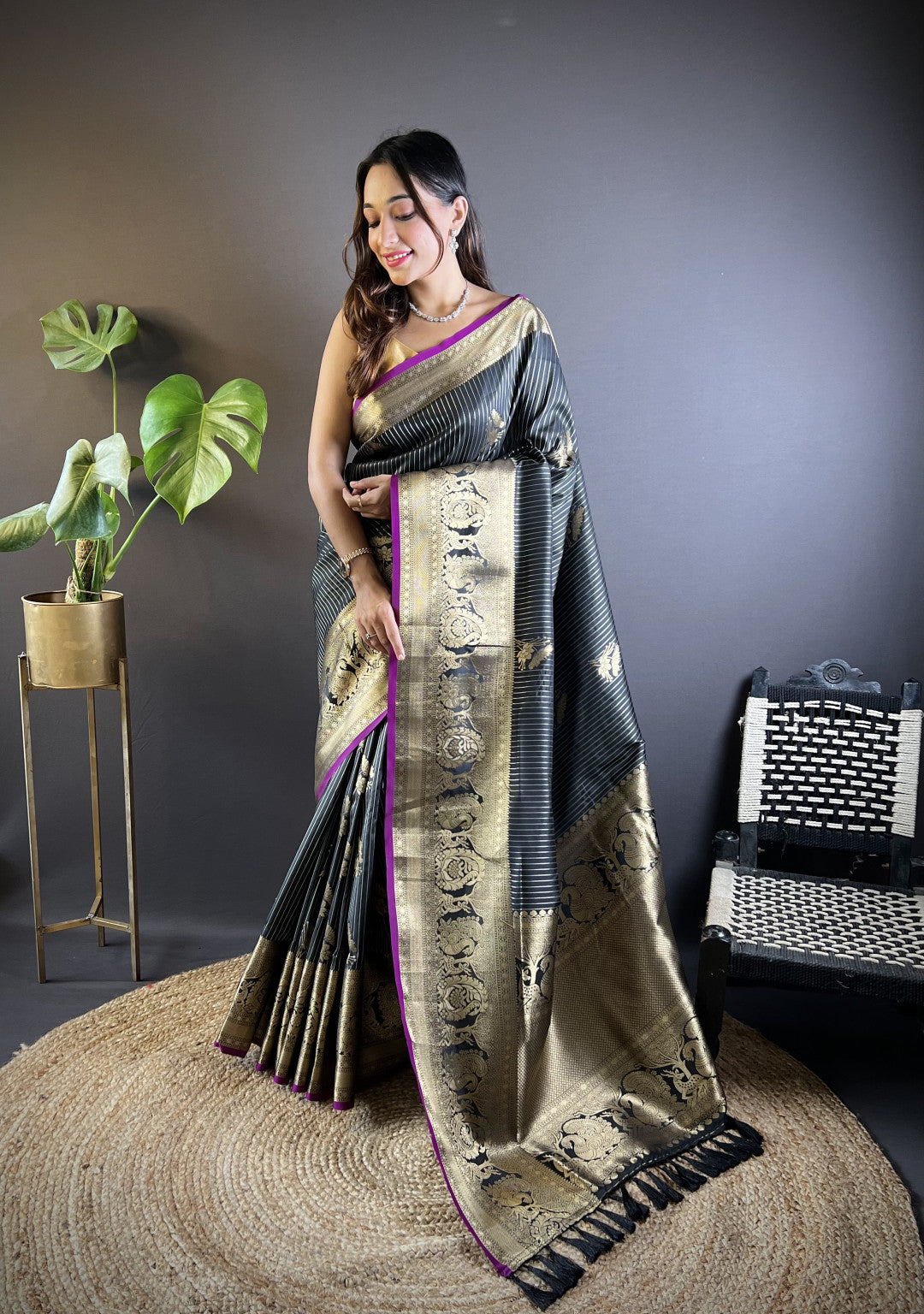 Kanchipuram silk saree with golden zari weaving work