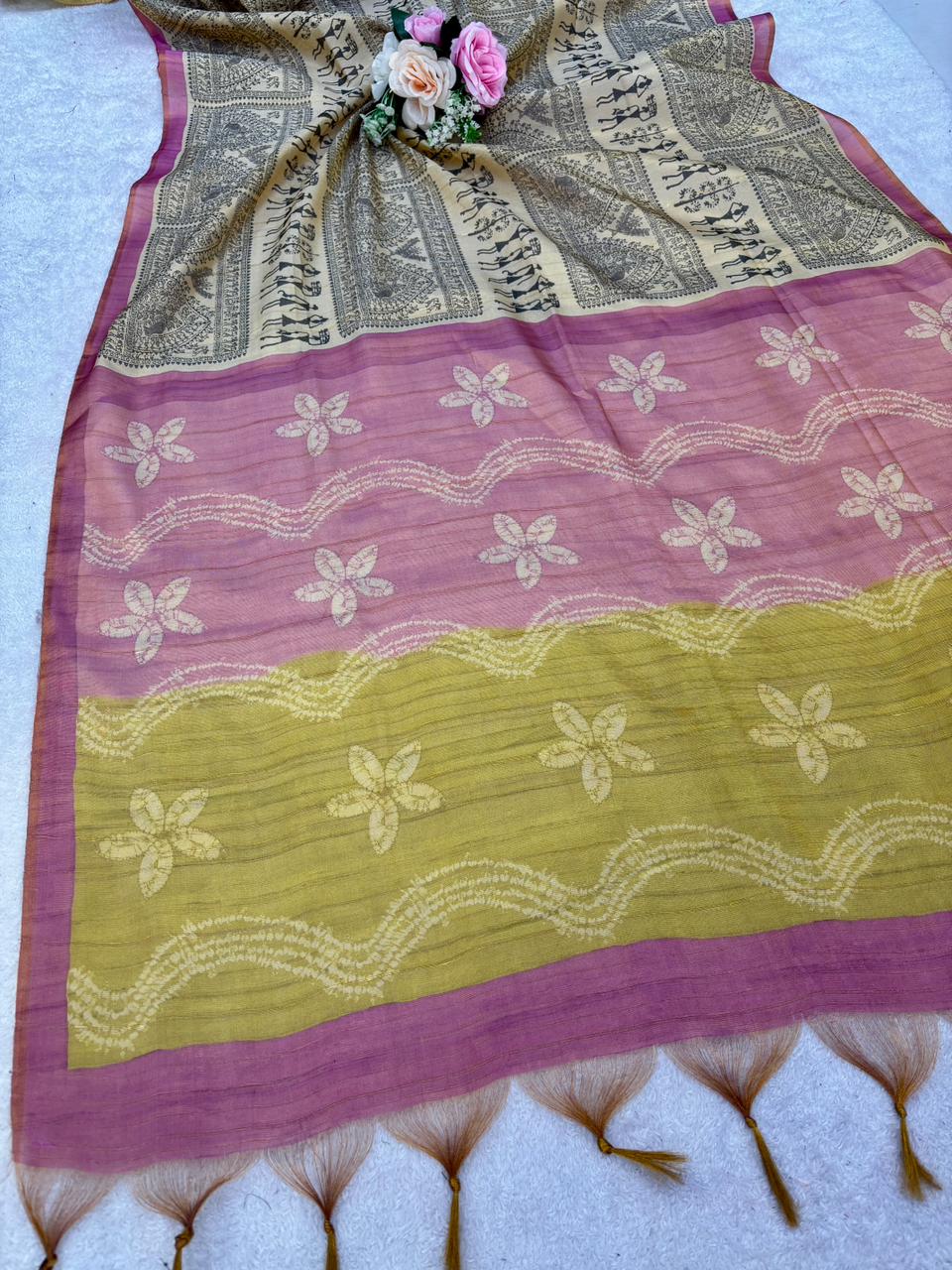 Soft tissue tussar silk saree with warli printed work