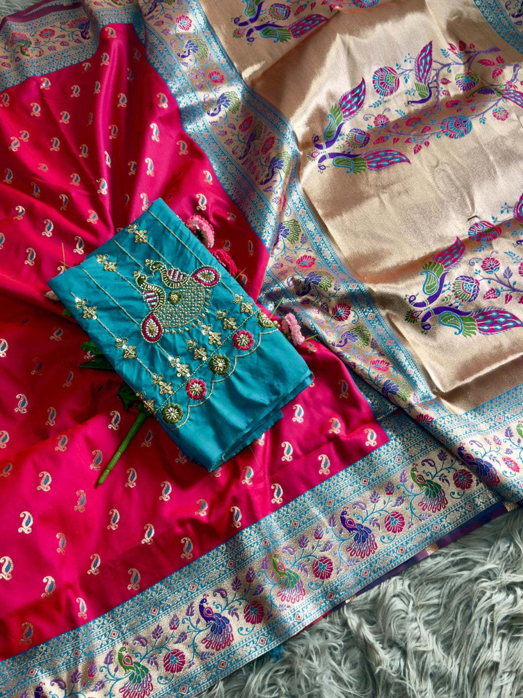 Premium paithani silk saree with handwork aari work blouse