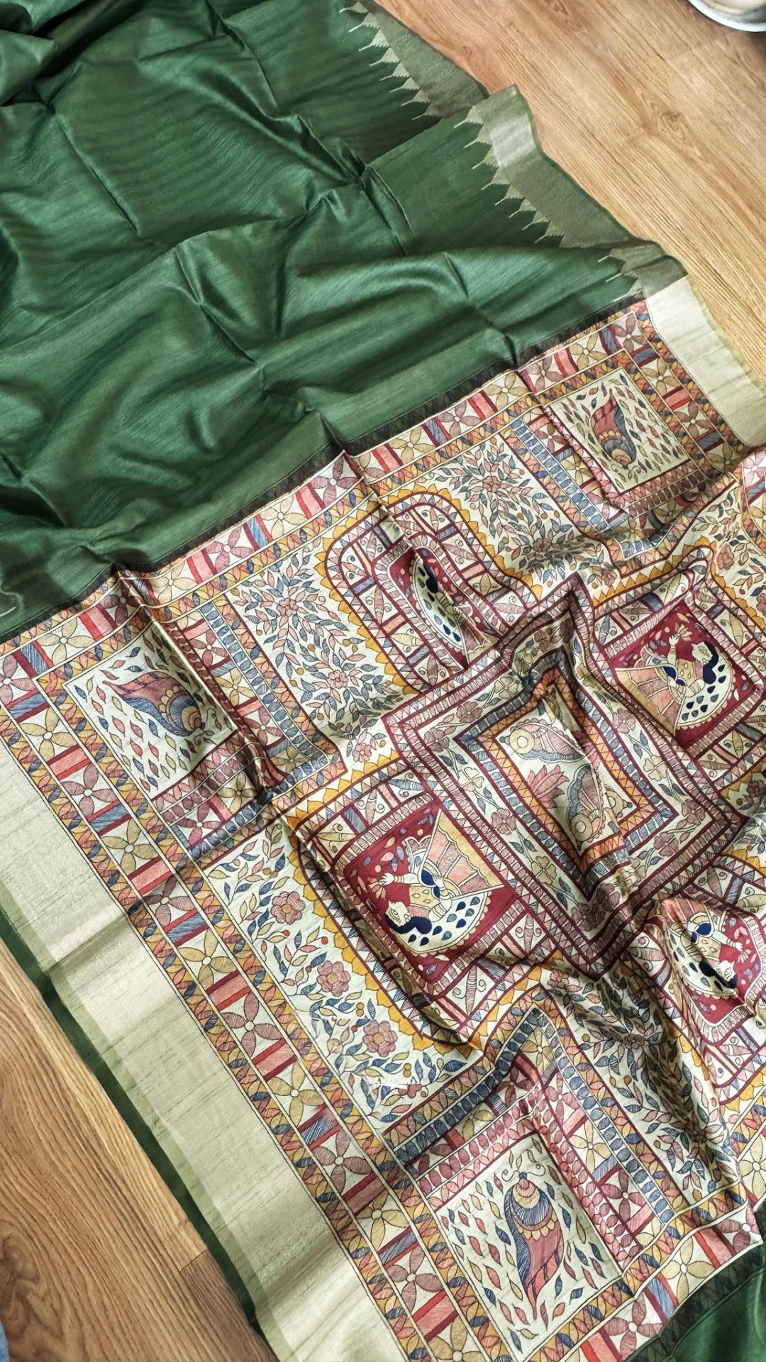 Traditional madhubani printed soft tussar silk saree