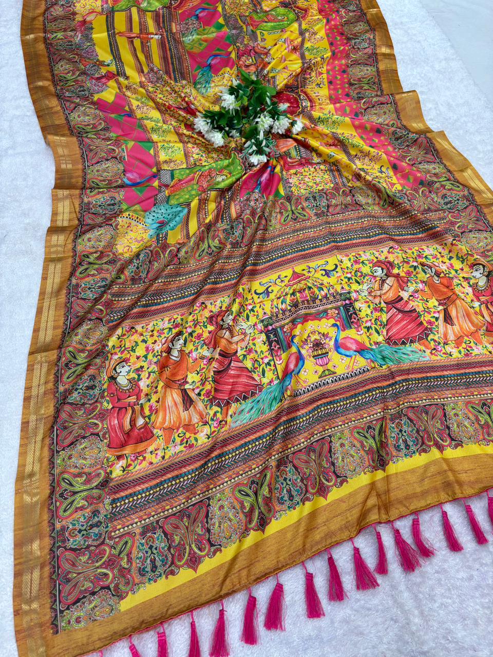 Munga silk saree with kalamkari printed work and zari border