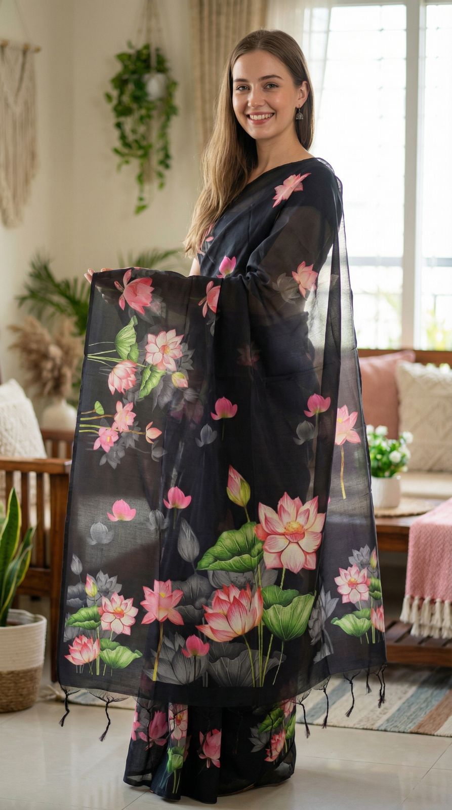 Black color soft tussar silk saree with lotus floral printed work