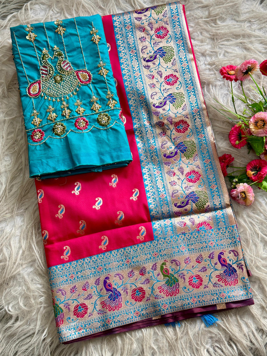 Premium paithani silk saree with handwork aari work blouse