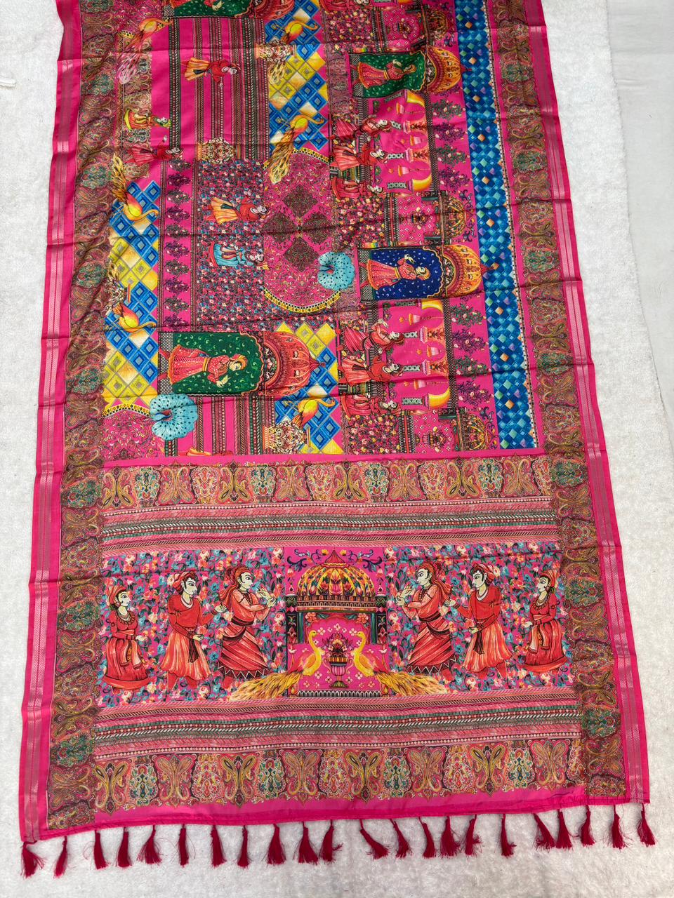 Munga silk saree with kalamkari printed work and zari border