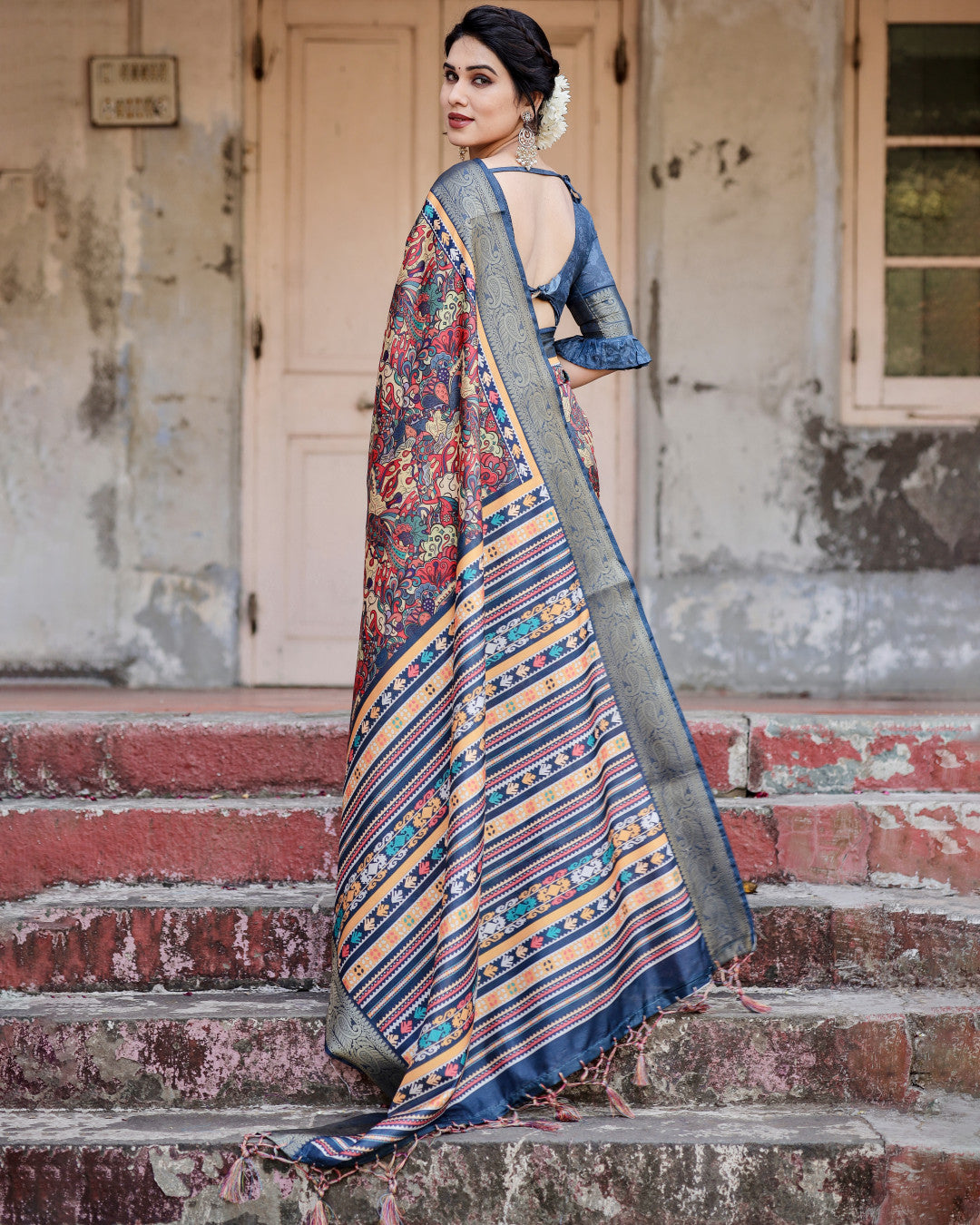 Digital Kalamkari printed tussar silk saree with zari motif border