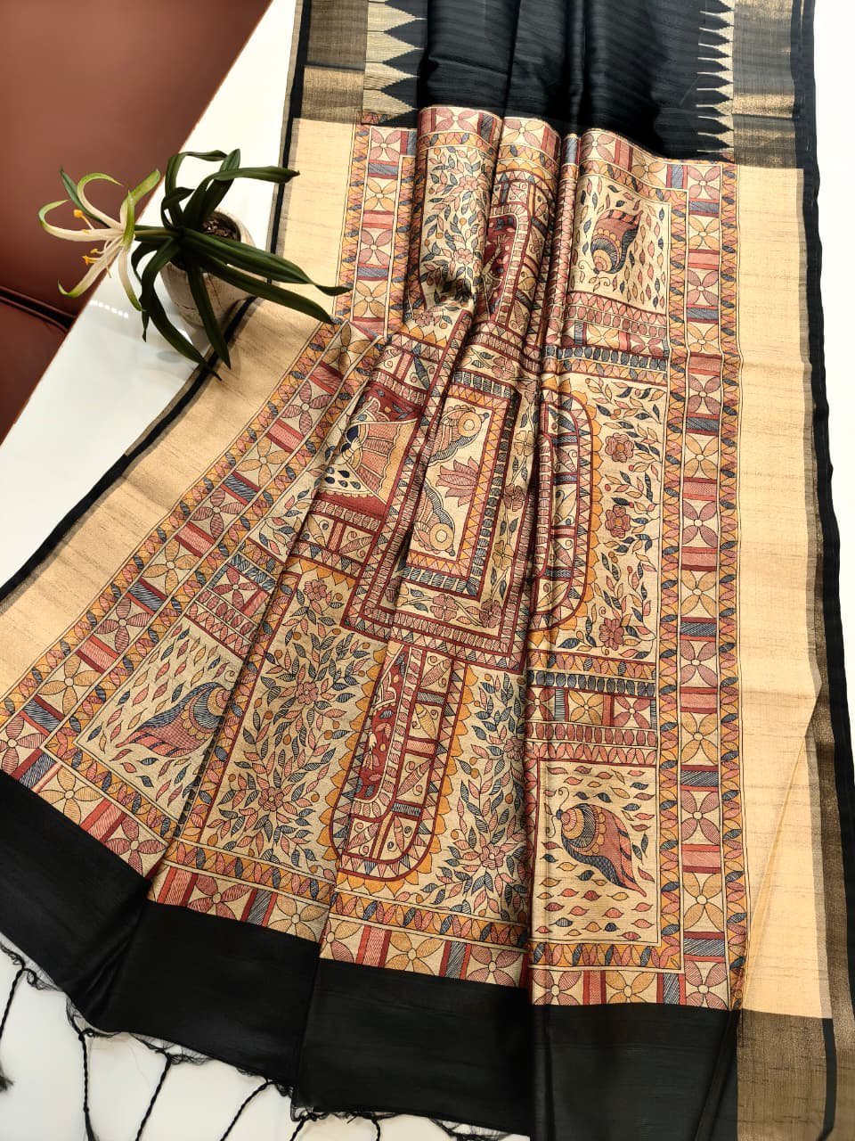 Traditional madhubani printed soft tussar silk saree