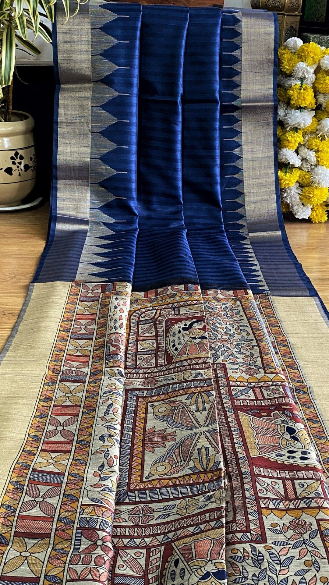 Traditional madhubani printed soft tussar silk saree