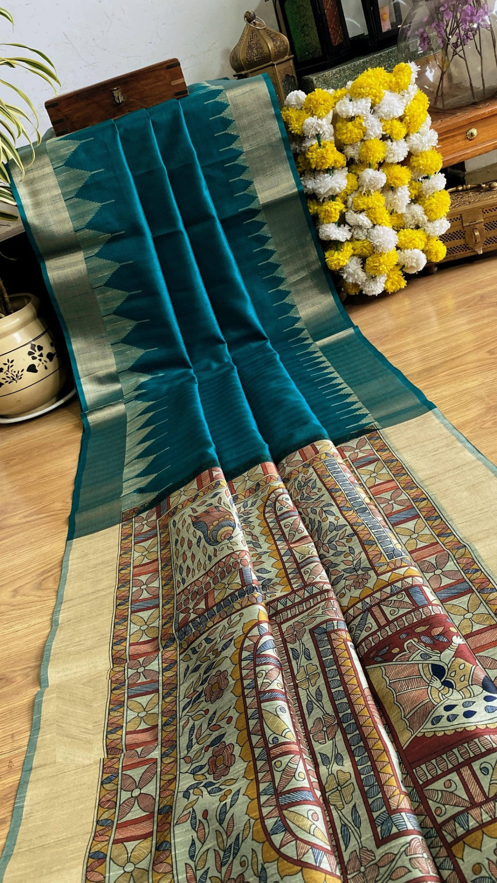 Traditional madhubani printed soft tussar silk saree