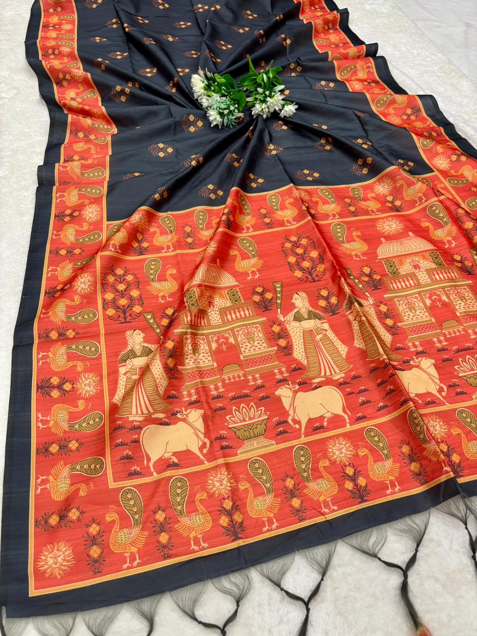 Black peacock digital printed tussar silk saree