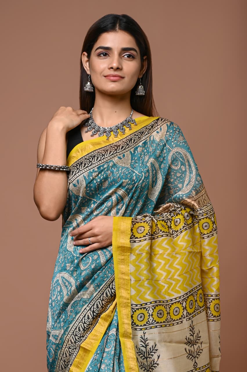Multi color pure maheswari silk saree with pure hand block printed work