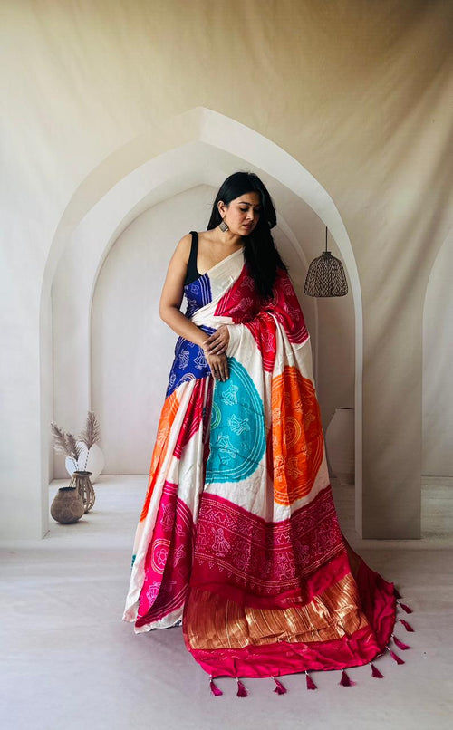 Multi color pure gajji silk saree with bandhej print and lagadi pallu work