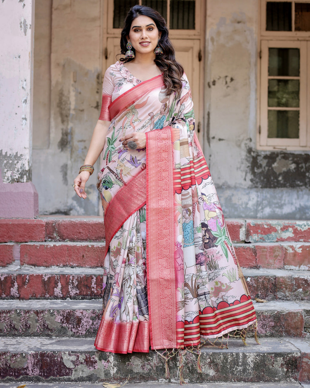 Digital Kalamkari printed tussar silk saree with zari motif border