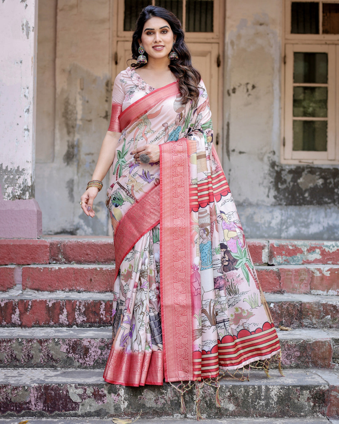 Digital Kalamkari printed tussar silk saree with zari motif border