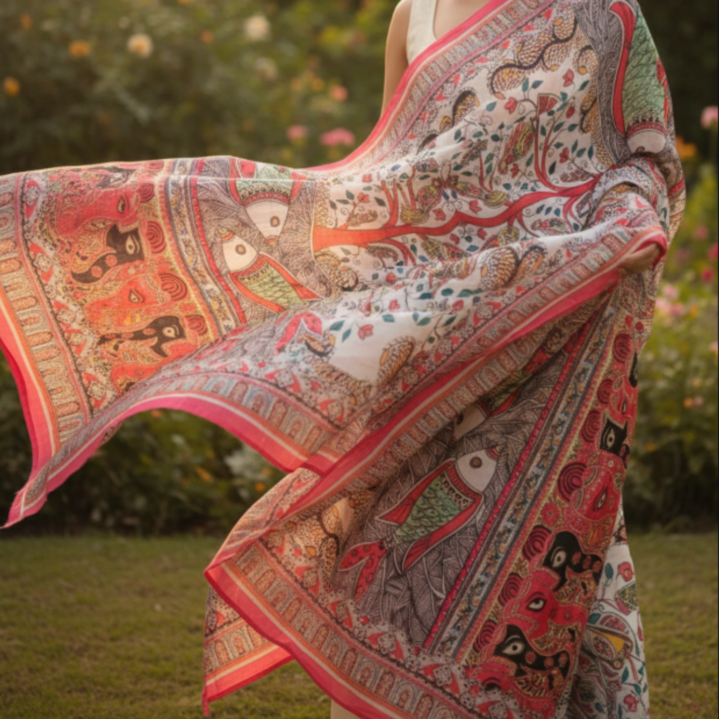 Madhubani Confluence - Art Silk Dupatta