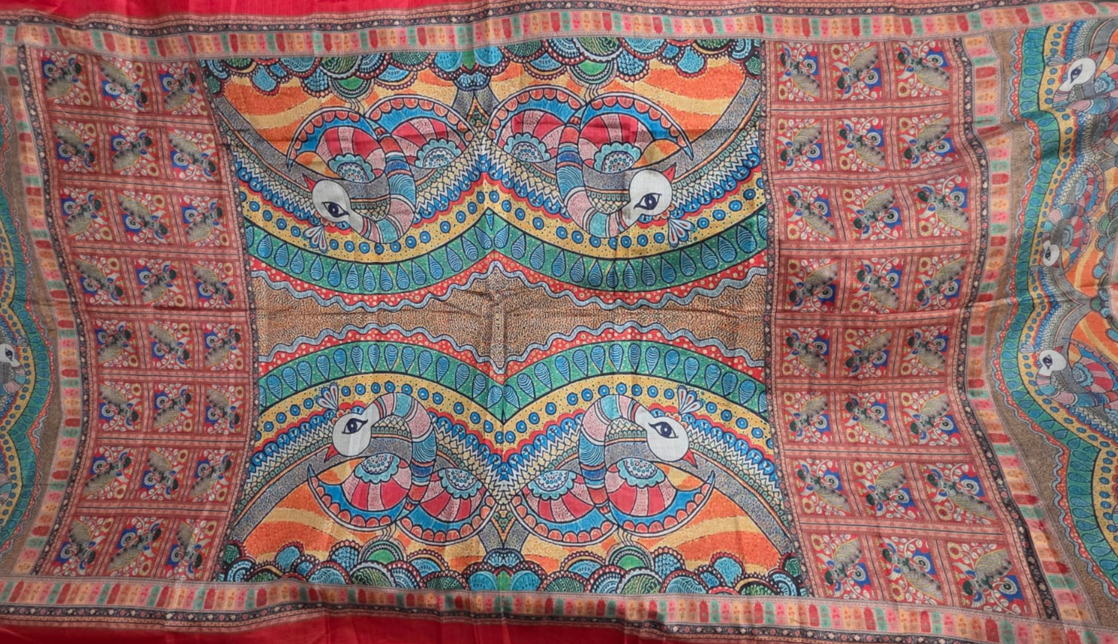 Echoes of the Peacock - Madhubani Art Silk Dupatta