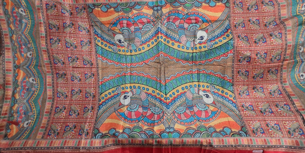 Echoes of the Peacock - Madhubani Art Silk Dupatta