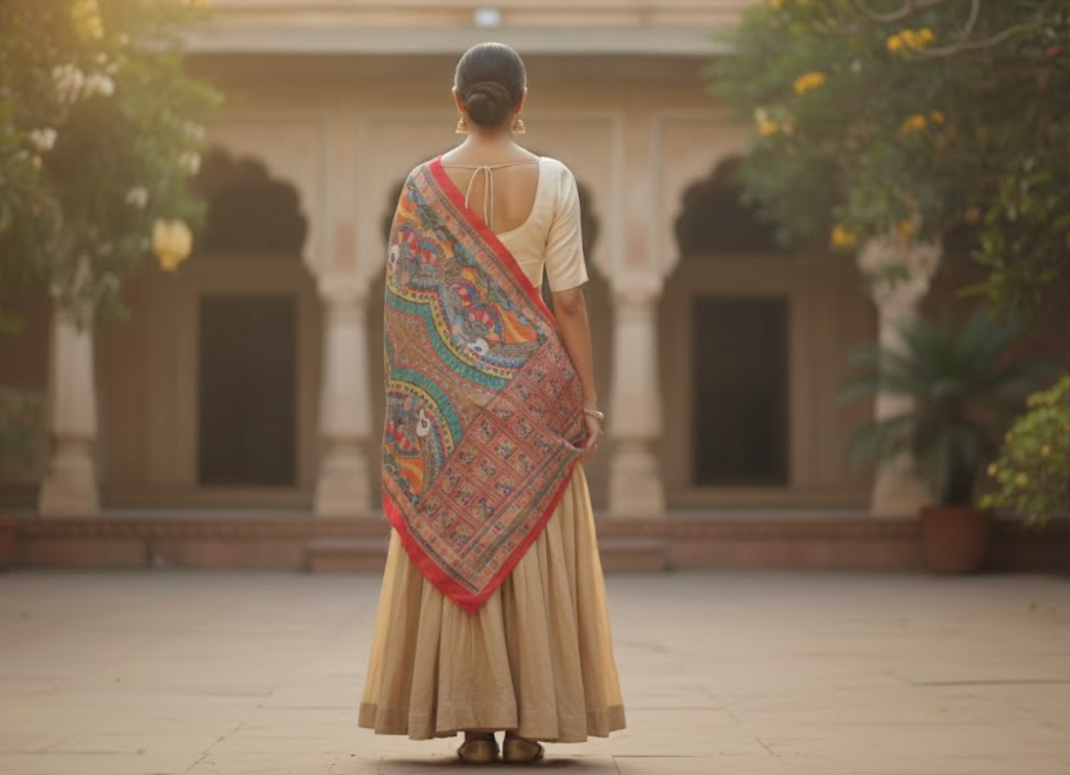 Echoes of the Peacock - Madhubani Art Silk Dupatta