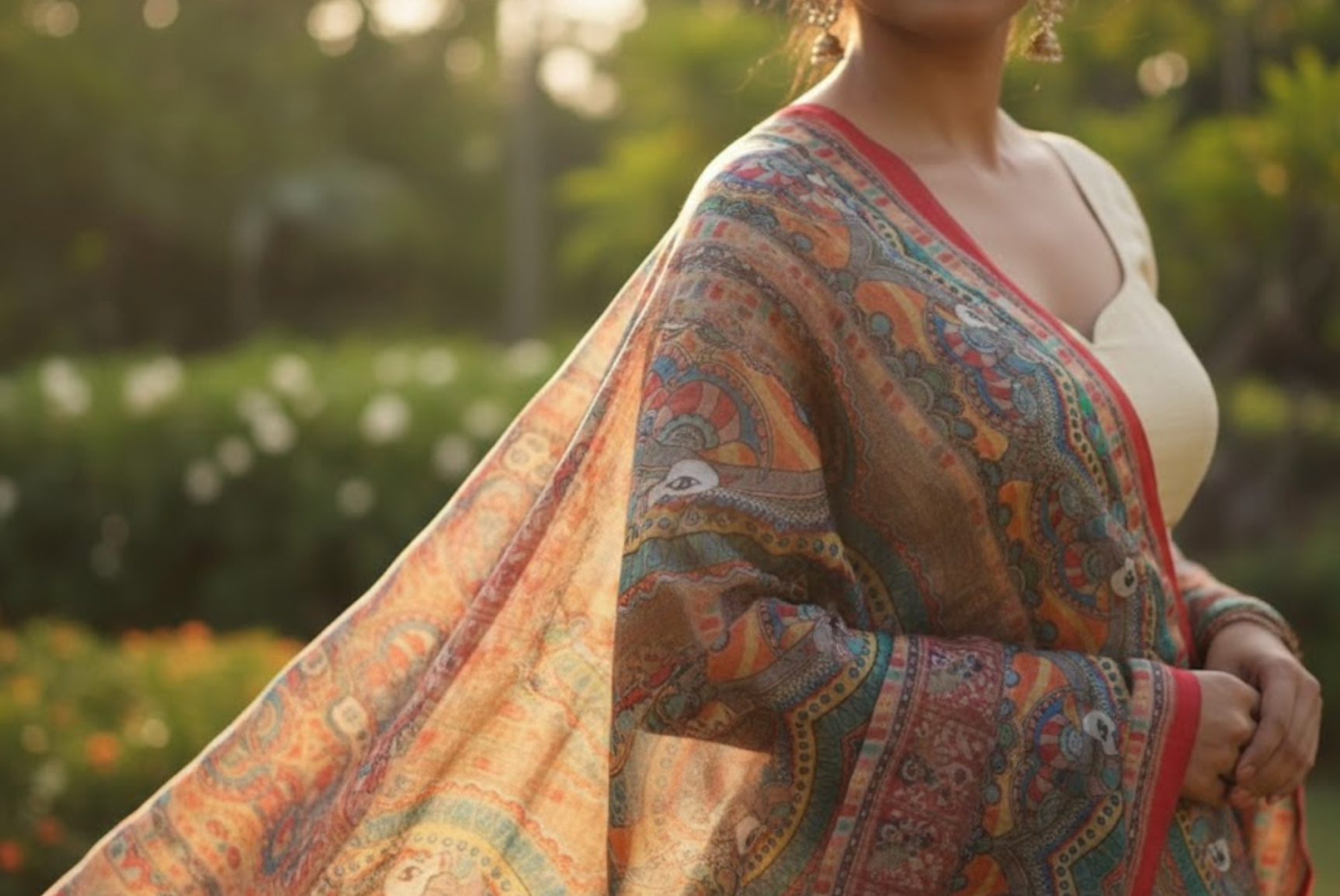 Echoes of the Peacock - Madhubani Art Silk Dupatta