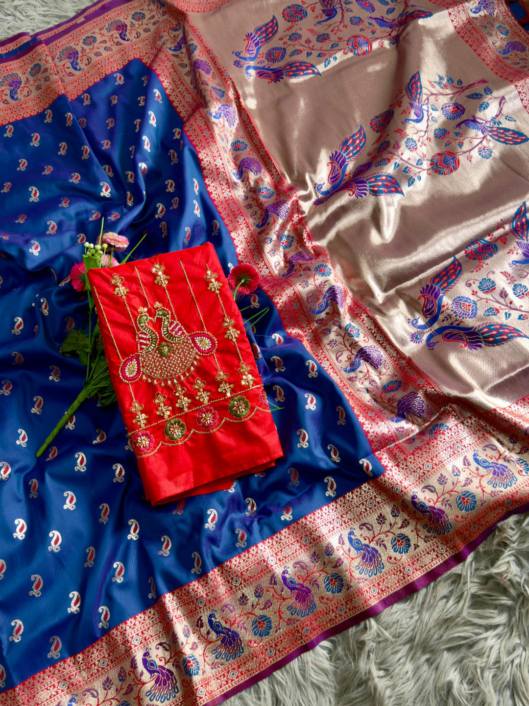Premium paithani silk saree with handwork aari work blouse