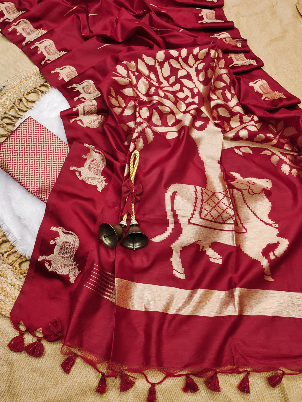 Khadi raw silk saree with zari weaving cow pallu and border