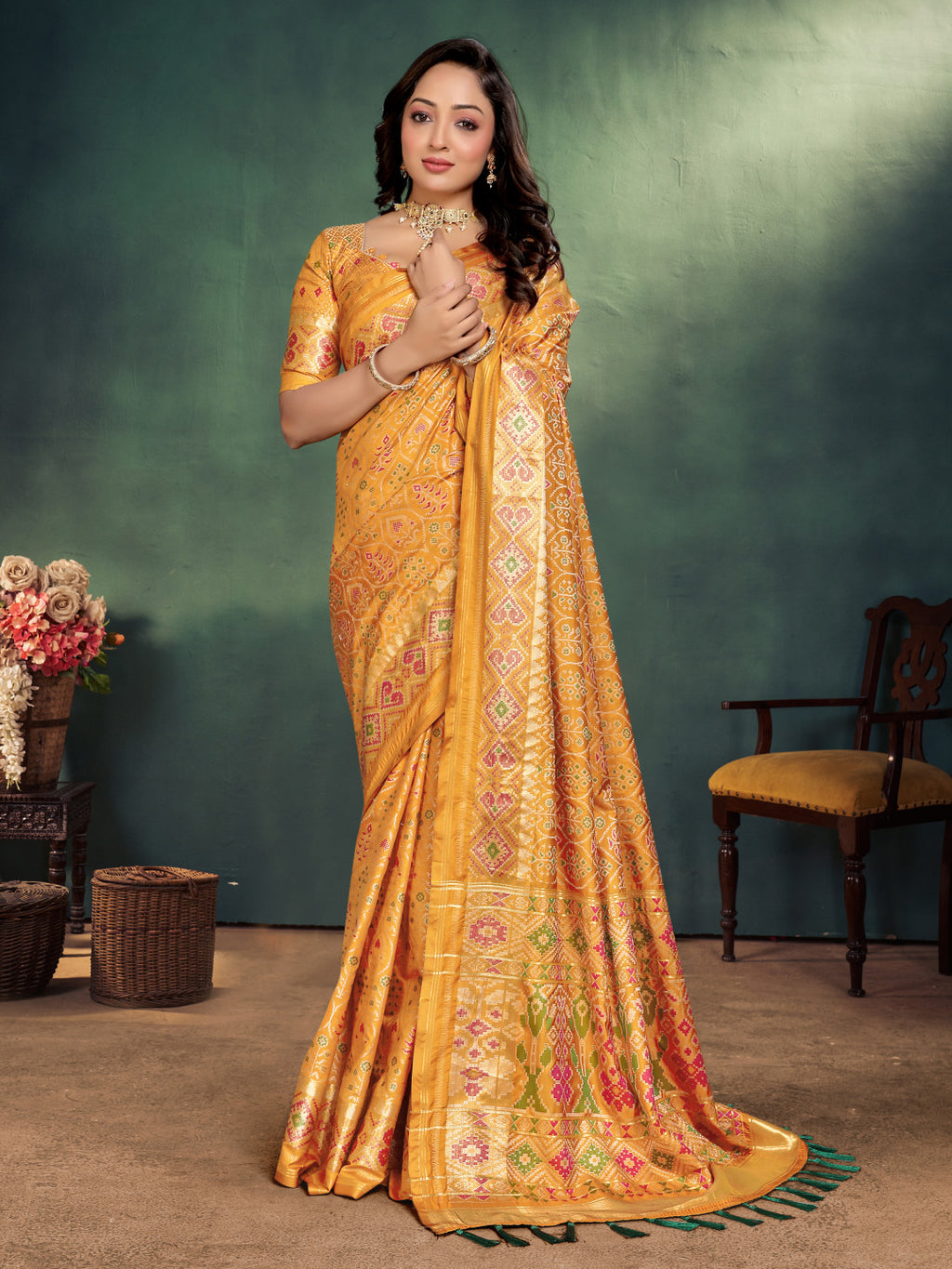 Ikkat patola silk saree with zari weaving work