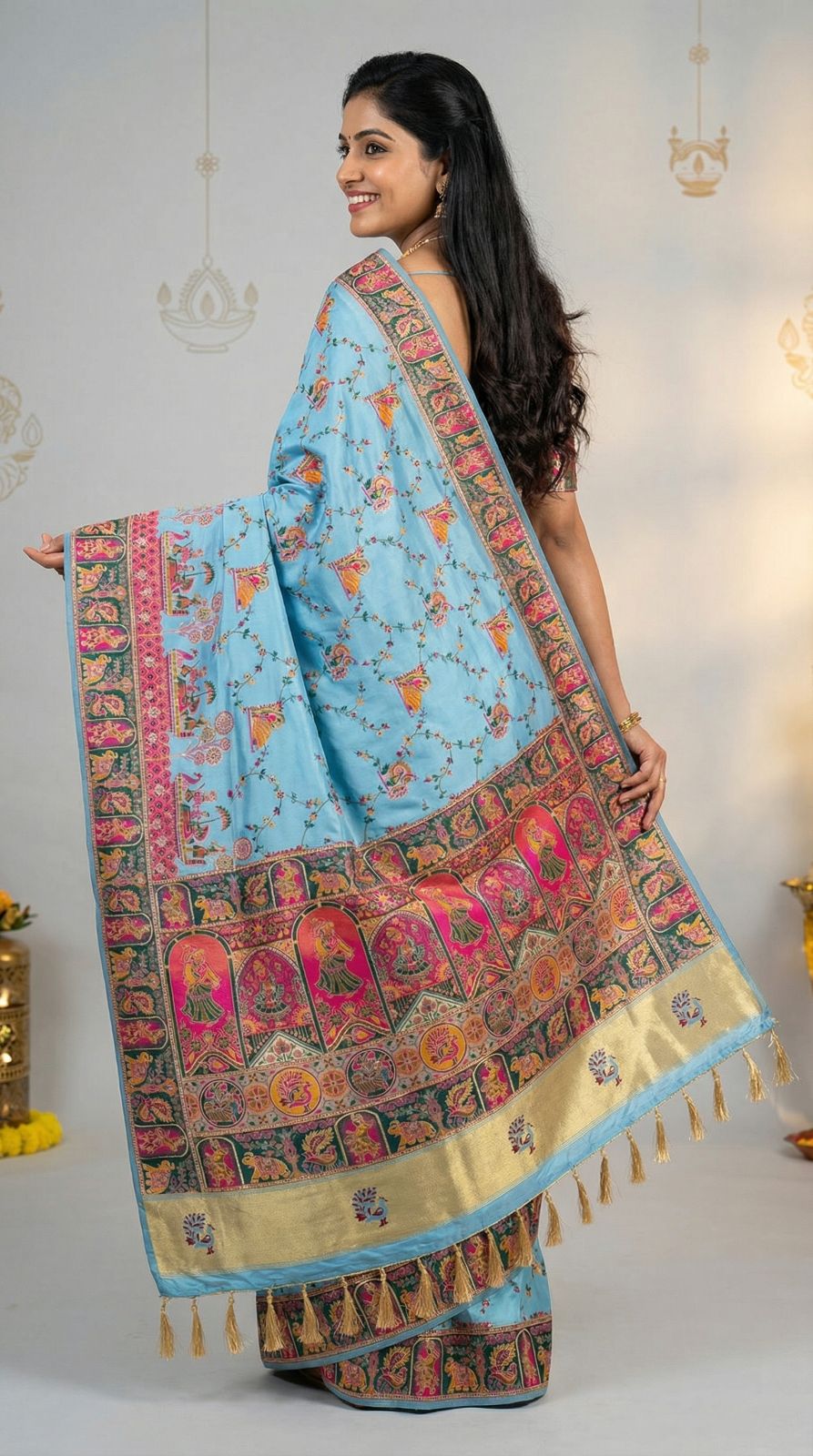 Rajwadi viscose pashmina silk weaving saree with lagdi patta pallu