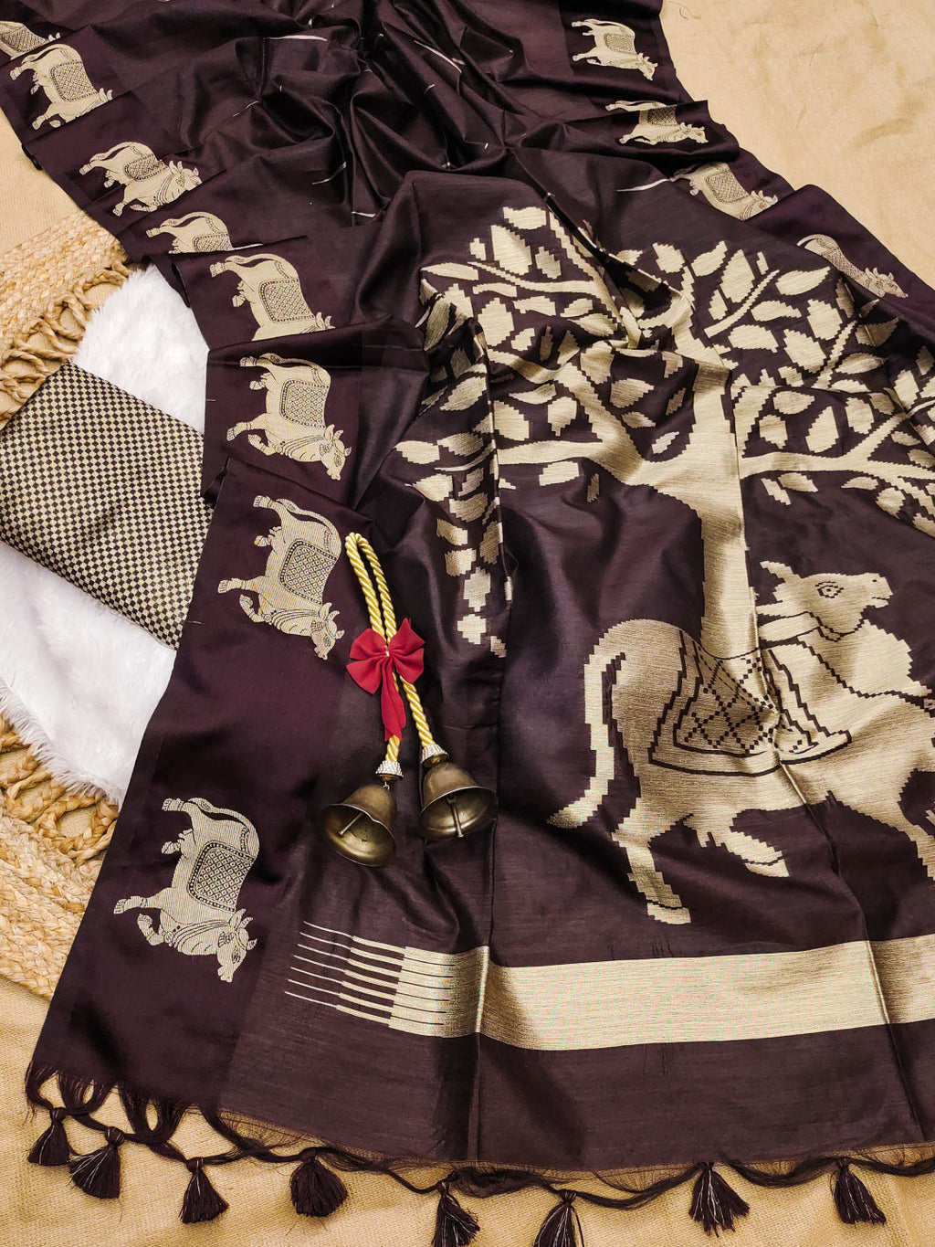 Khadi raw silk saree with zari weaving cow pallu and border