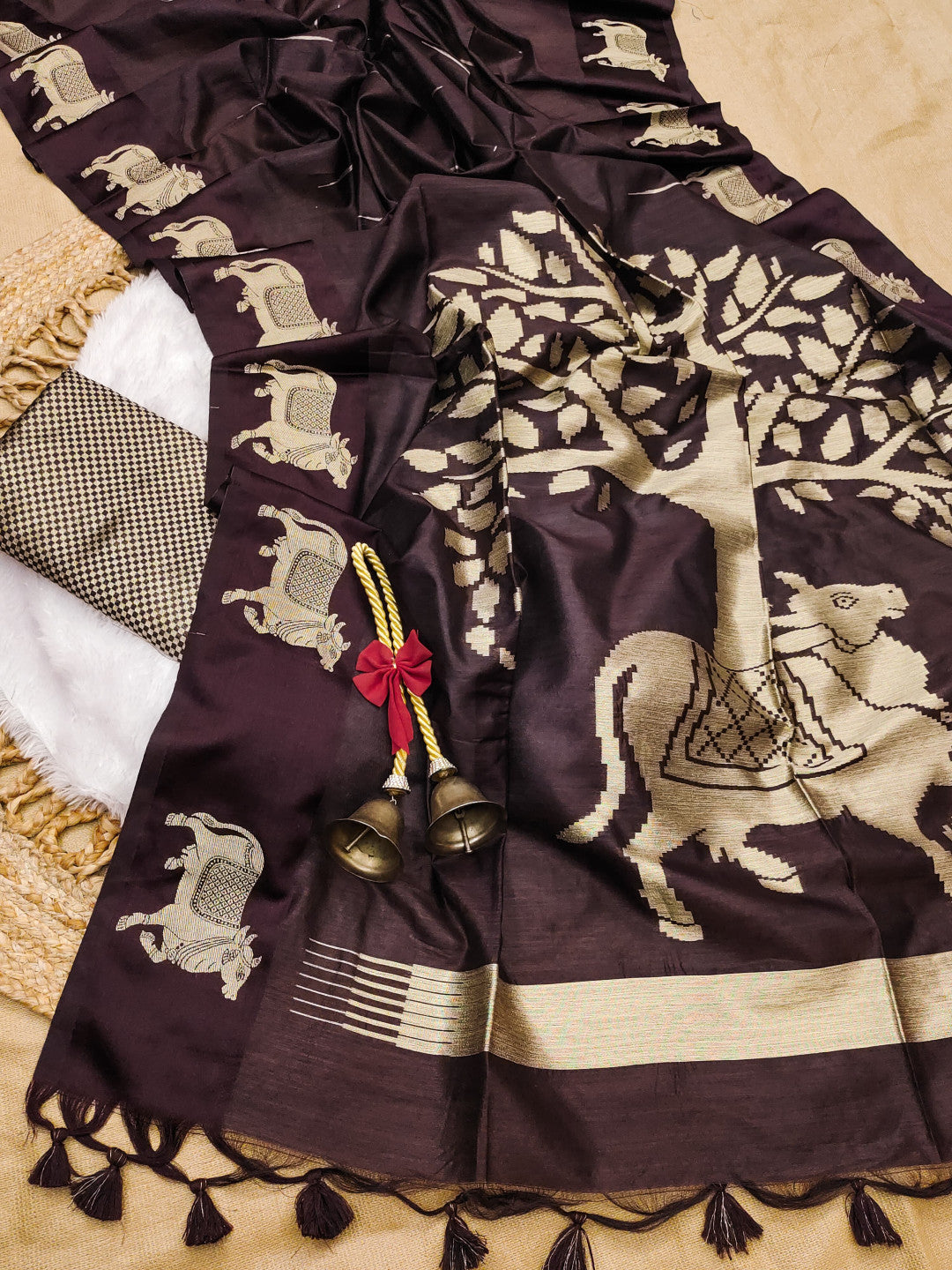 Khadi raw silk saree with zari weaving cow pallu and border